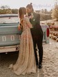 A-line V-neck Glitter Sweep Train Wedding Dresses