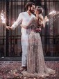 A-line V-neck Glitter Sweep Train Wedding Dresses