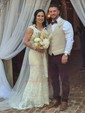 Sheath/Column V-neck Lace Sweep Train Wedding Dresses