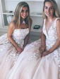 Ball Gown V-neck Floor-length Tulle Prom Dresses With Appliques