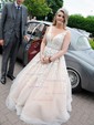 Ball Gown V-neck Floor-length Tulle Prom Dresses With Appliques