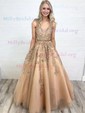 Princess V-neck Tulle Floor-length Appliques Lace Prom Dresses