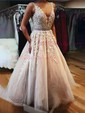 Princess V-neck Tulle Floor-length Appliques Lace Prom Dresses