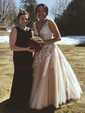 Princess V-neck Tulle Floor-length Appliques Lace Prom Dresses