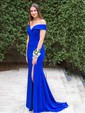 Black Sheath/Column Off-the-shoulder Satin Modest Prom Dresses