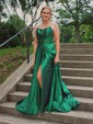 A-line Sweep Train Scoop Neck Silk-like Satin Pockets Prom Dresses