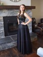 A-line Sweep Train Scoop Neck Silk-like Satin Pockets Prom Dresses