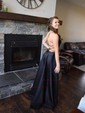 A-line Sweep Train Scoop Neck Silk-like Satin Pockets Prom Dresses