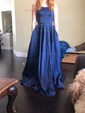 A-line Sweep Train Scoop Neck Silk-like Satin Pockets Prom Dresses