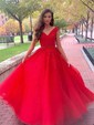 Princess V-neck Tulle Floor-length Beading Prom Dresses