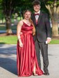 Royal Blue A-line V-neck Satin Prom Dresses With Ruched