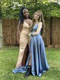 Royal Blue A-line V-neck Satin Prom Dresses With Ruched