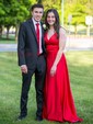Royal Blue A-line V-neck Satin Prom Dresses With Ruched