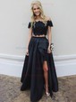 A-line Off-the-shoulder Lace Satin Sweep Train Beading Prom Dresses