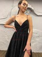 Black Ball Gown V-neck Backless Glitter Prom Dresses With Ruched