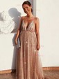 A-line Sweep Train V-neck Glitter Prom Dresses