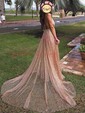 A-line V-neck Tulle Backless Prom Dresses With Ruched
