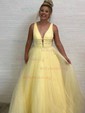 Ball Gown V-neck Floor-length Tulle Prom Dresses With Beading