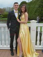 A-line V-neck Satin Prom Dresses With Ruched