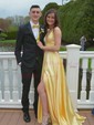 A-line V-neck Silk-like Satin Sweep Train Split Front Prom Dresses