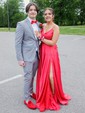 A-line V-neck Silk-like Satin Sweep Train Split Front Prom Dresses