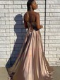 A-line V-neck Silk-like Satin Sweep Train Split Front Prom Dresses