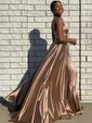A-line V-neck Satin Prom Dresses With Ruched