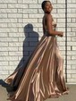 A-line V-neck Silk-like Satin Sweep Train Split Front Prom Dresses