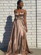 A-line V-neck Silk-like Satin Sweep Train Split Front Prom Dresses