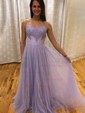 A-line Sweep Train Scoop Neck Tulle Beading Prom Dresses