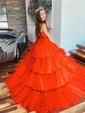 Ball Gown Strapless Tulle Ruffle Tiered Prom Dresses