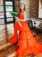 Ball Gown Strapless Tulle Ruffle Tiered Prom Dresses