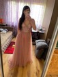 A-line V-neck Tulle Sweep Train Beading Prom Dresses