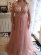 A-line V-neck Tulle Sweep Train Beading Prom Dresses