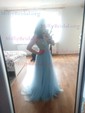 A-line V-neck Tulle Sweep Train Beading Prom Dresses