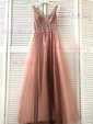 A-line V-neck Tulle Sweep Train Beading Prom Dresses