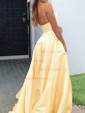 A-line V-neck Satin Sweep Train Pockets Prom Dresses