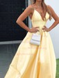 A-line V-neck Satin Sweep Train Pockets Prom Dresses