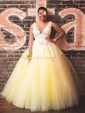 Ball Gown/Princess Sweep Train V-neck Tulle Appliques Lace Prom Dresses