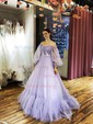 Ball Gown/Princess Sweep Train Off-the-shoulder Tulle Appliques Lace Prom Dresses