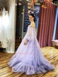 Ball Gown Off-the-shoulder Tulle Modest Prom Dresses With Puff Sleeve