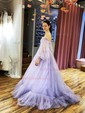 Ball Gown/Princess Sweep Train Off-the-shoulder Tulle Appliques Lace Prom Dresses