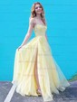 Ball Gown/Princess Sweep Train Scoop Neck Tulle Appliques Lace Prom Dresses