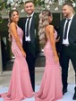 Mermaid V-neck Backless Satin Prom Dresses With Appliques