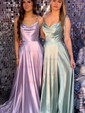 Burgundy A-line Cowl Neck Satin Prom Dresses With Ruched