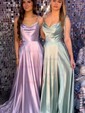 A-line Sweep Train Cowl Neck Silk-like Satin Split Front Prom Dresses