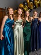 A-line Sweep Train Cowl Neck Silk-like Satin Split Front Prom Dresses