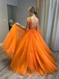 Princess V-neck Backless Tulle Prom Dresses With Appliques