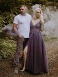 Ball Gown V-neck Tulle Prom Dresses With Appliques