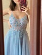 Ball Gown V-neck Tulle Prom Dresses With Appliques